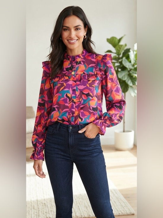 Q2 Tops - Q2 Colorblock Ruffle Top in Pink, Purple, Orange, Teal-S